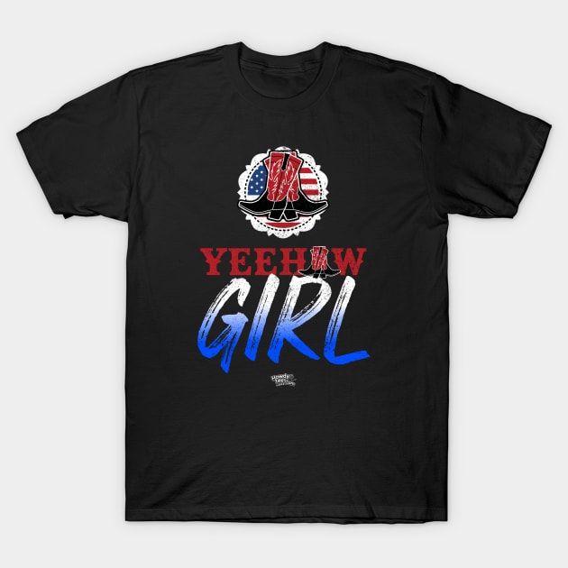 Yeehaw Girl with Red & Black Cowgirl Boots and American Flag Concho T-Shirt by Reid Walley